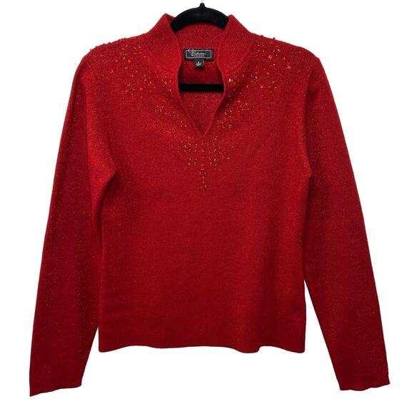 Dressbarn Embellished Rhinestone Sweater Long Sleeve Pullover Christmas Red S - Picture 1 of 10